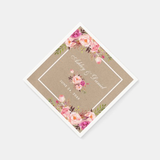 Serviette En Papier Kraft Aquarelle rose Blush FlorMariage (Coin)