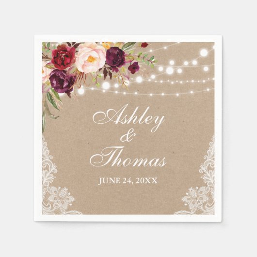 Serviette En Papier Kraft Rustic Mariage illumine la dentelle florale (Devant)