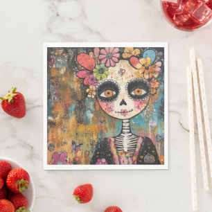 Serviette En Papier La Catrina squelette avec couronne de fleurs