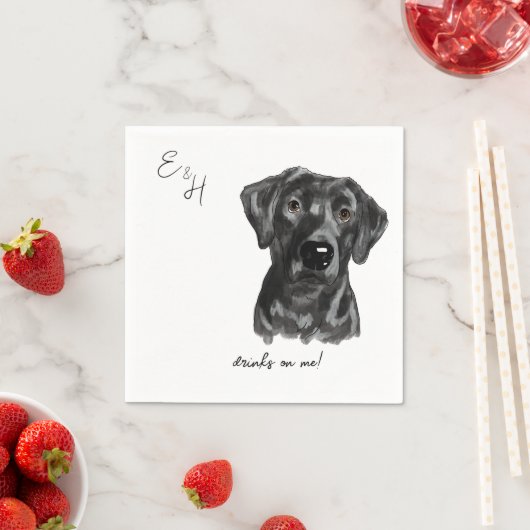 Serviette En Papier Laboratoire noir Mariage d'aquarelle chien Cocktai (En situation)