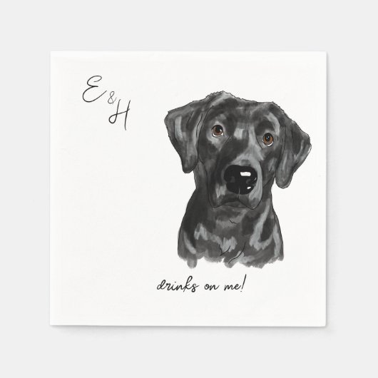 Serviette En Papier Laboratoire noir Mariage d'aquarelle chien Cocktai (Devant)
