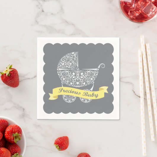 Serviette En Papier Lacy Baby Carriage Napkin Jaune & Grey (En situation)