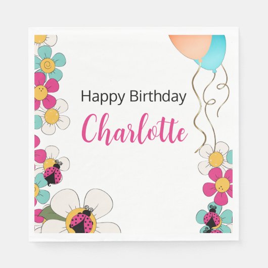 Serviette En Papier Ladybugs et Fleurs Fête d'anniversaire (Devant)
