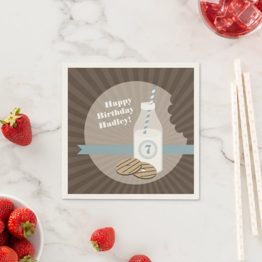 Serviette En Papier Lait + Cookies Anniversaire - Bleu (En situation)