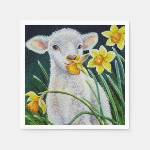 Serviette En Papier Lamb bébé et jonquilles de printemps Aquarelle Art