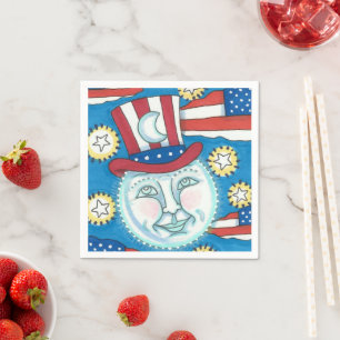 SERVIETTE EN PAPIER L'AMÉRICANA FOLK ART PATRIOTIQUE HOMME DANS LA LUN