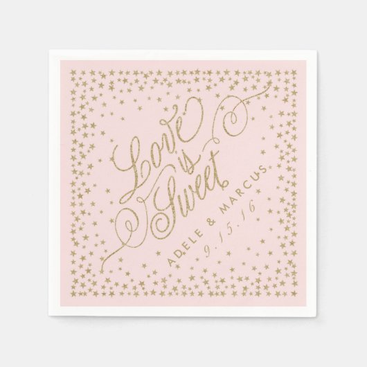 Serviette En Papier "L'amour est doux" Or étoiles Mariage rose serviet (Devant)