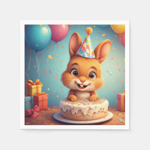 Serviette En Papier Lapin adorable célébrant son anniversaire avec un 