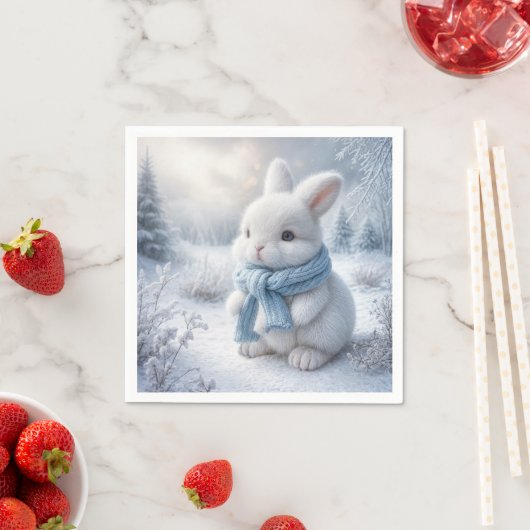 Serviette En Papier Lapin Blanc Avec Écharpe Hiver (En situation)