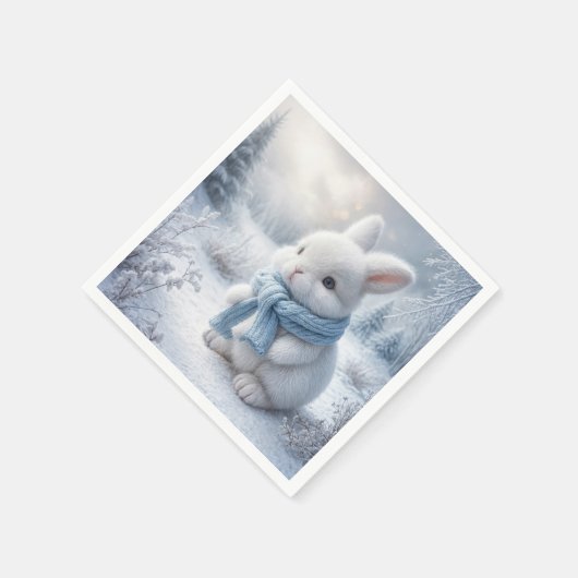 Serviette En Papier Lapin Blanc Avec Écharpe Hiver (Coin)