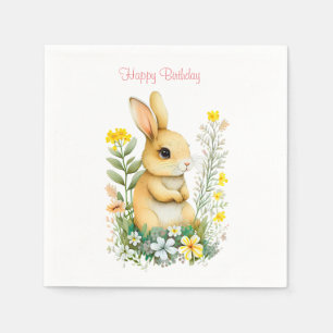 Serviette En Papier Lapin d'anniversaire et fleurs sur des serviettes 