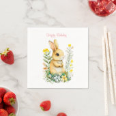 Serviette En Papier Lapin d'anniversaire & Fleurs sur serviettes blanc (En situation)