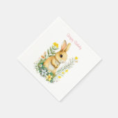 Serviette En Papier Lapin d'anniversaire & Fleurs sur serviettes blanc (Coin)
