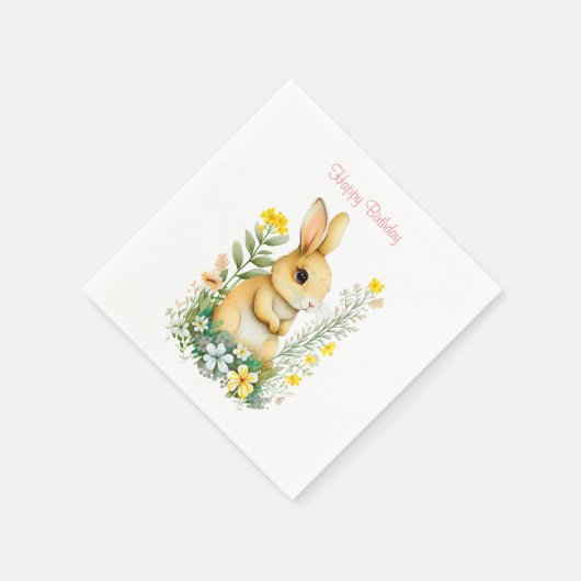 Serviette En Papier Lapin d'anniversaire & Fleurs sur serviettes blanc (Coin)