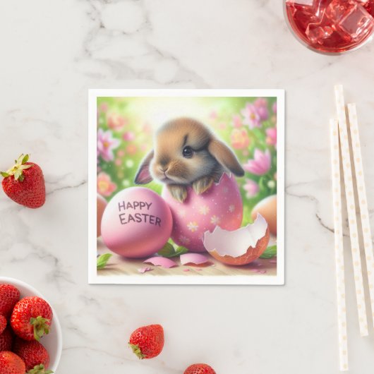 Serviette En Papier Lapin dans Oeuf de Pâques avec Fleurs (En situation)