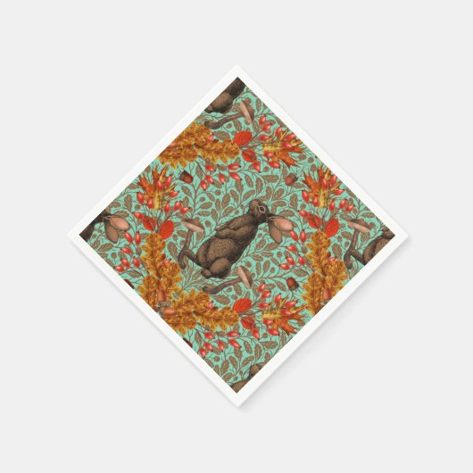 Serviette En Papier Lapin d'automne sur vert clair (Coin)