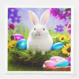 Serviette En Papier Lapin De Pâques Avec Panier À Oeufs De Pâques