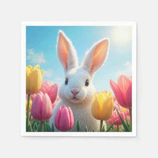 Serviette En Papier Lapin De Pâques Blanc En Tulipe (Devant)