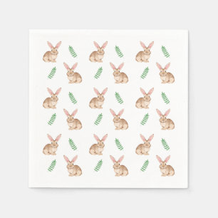 Serviette En Papier Lapin de Pâques brun et motif de verdure à l'aquar