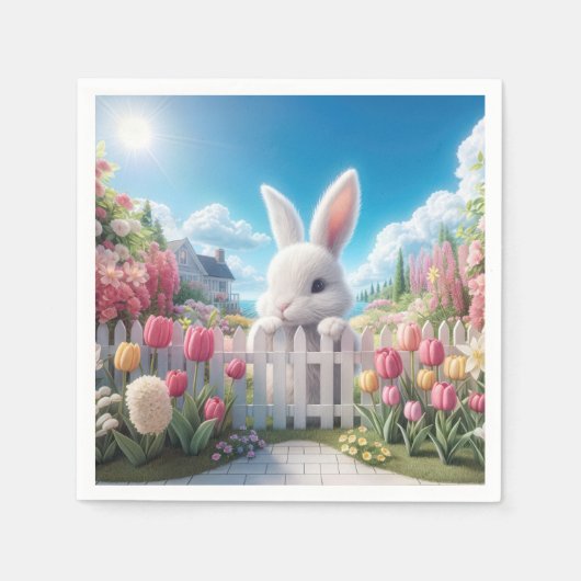 Serviette En Papier Lapin de Pâques dans un jardin de tulipes (Devant)