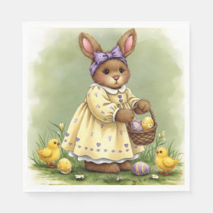 Serviette En Papier Lapin de Pâques en robe jaune avec des poules