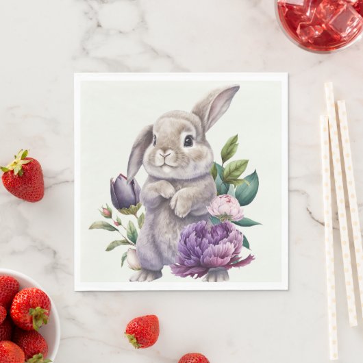 Serviette En Papier Lapin De Pâques Et Fleurs De Peonies (En situation)