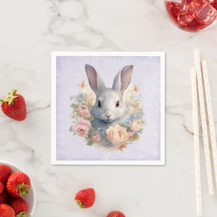 Serviette En Papier Lapin entouré de fleurs pastel Mignon