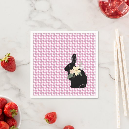 Serviette En Papier Lapin Fleurs Silhouette Rose Houndstooth Pâques (En situation)