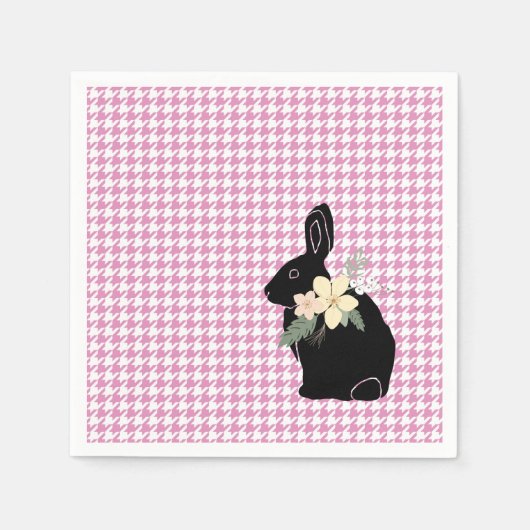 Serviette En Papier Lapin Fleurs Silhouette Rose Houndstooth Pâques (Devant)