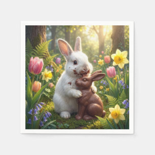 Serviette En Papier Lapin léchant un lapin de Pâques en chocolat