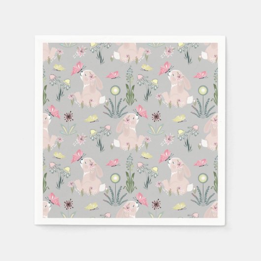 Serviette En Papier lapin mignon avec fleurs et papillons (Devant)