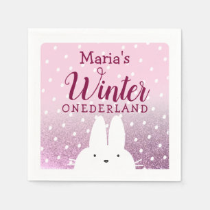 Serviette En Papier Lapin Onederland Hiver Rose 1er Anniversaire