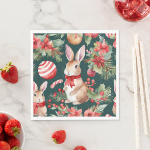 Serviette En Papier Lapins de Noël à l'aquarelle Rouge Or Floral