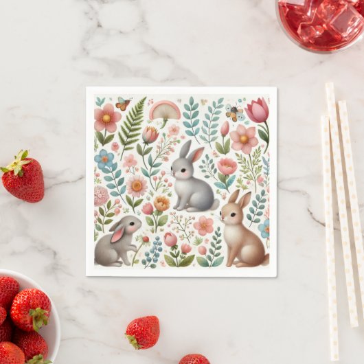 Serviette En Papier Lapins et fleurs de lapin de baby shower (En situation)