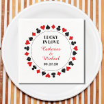 Serviette En Papier Las Vegas Casino Lucky In Love Mariage<br><div class="desc">Ce Poker Quatre Costumes Motif Lucky in Love design mariage est la façon parfaite d'ajouter une touche de chance et de sophistication à votre journée spéciale. Avec un motif de poker classique rouge, noir et blanc avec quatre costumes, ce design est à la fois élégant et ludique. Personnalisez votre design...</div>