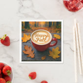 Serviette En Papier Latte Happy Fall Dans Une Mug Rouge Avec Feuilles  (En situation)