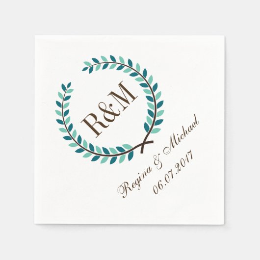 Serviette En Papier Laurel Wreath Monogram Mariage Napkin Bleu Blanc (Devant)