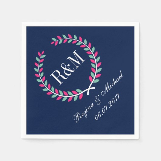 Serviette En Papier Laurel Wreath Monogram Mariage Napkin Navy Blue (Devant)
