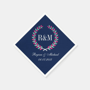 Serviette En Papier Laurel Wreath Monogram Mariage Napkin Navy Blue