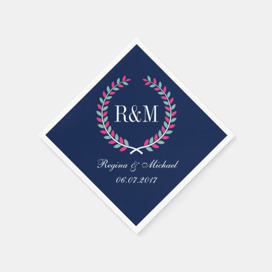 Serviette En Papier Laurel Wreath Monogram Mariage Napkin Navy Blue (Coin)