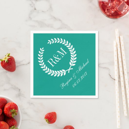Serviette En Papier Laurel Wreath Monogram Mariage Napkin Turquoise Bl (En situation)