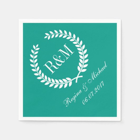 Serviette En Papier Laurel Wreath Monogram Mariage Napkin Turquoise Bl (Devant)