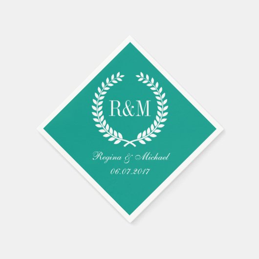 Serviette En Papier Laurel Wreath Monogram Mariage Napkin Turquoise Bl (Coin)
