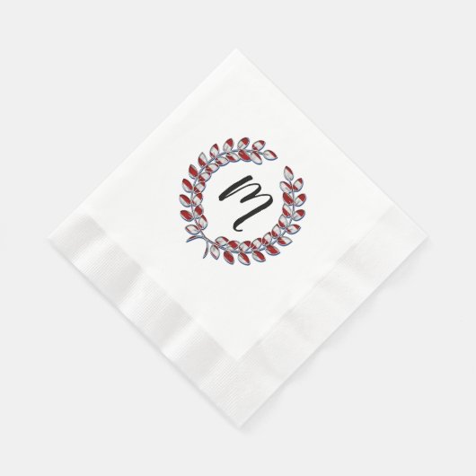 Serviette En Papier Laurel Wreath Monogramme Motif à rayures rouges (Coin)