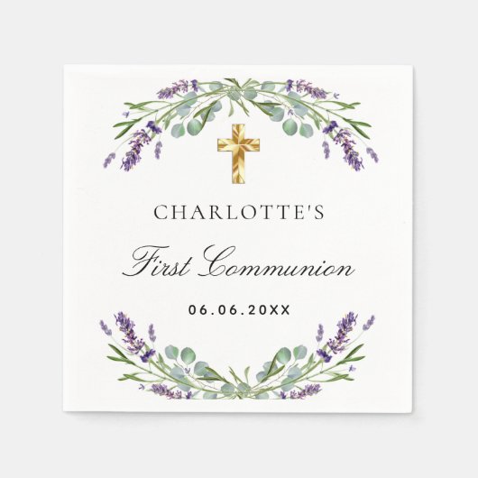 Serviette En Papier Lavande verdure fleurons violet première communion (Devant)