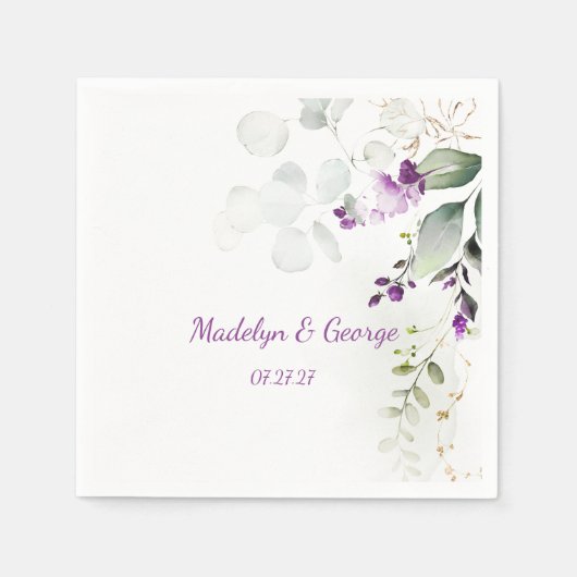 Serviette En Papier Lavande violette Plante et Mariage vert clair (Devant)