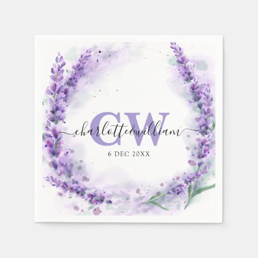 Serviette En Papier Lavender Elegant Aquarelle Monogram Mariage (Devant)