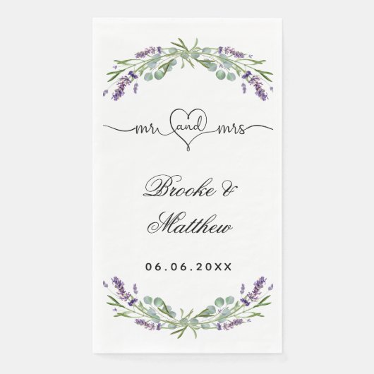 Serviette En Papier Lavender eucalyptus script m mrs coeur mariage (Devant)