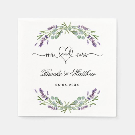 Serviette En Papier Lavender eucalyptus script m mrs coeur mariage (Devant)