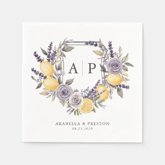 Serviette En Papier Lavender Lemon Monogram Floral Crest Mariage (Devant)